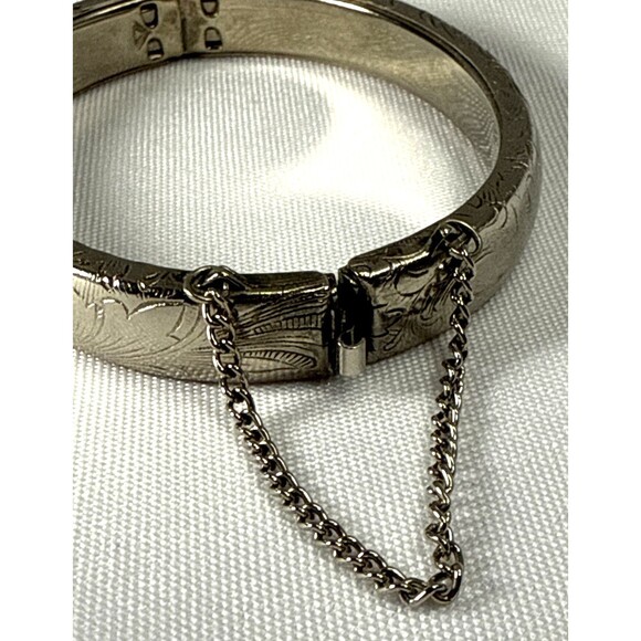 Vtg Victorian Revival Flower Silver Tone Safety Chain Hinged Bracelet Size 6 - Picture 3 of 8